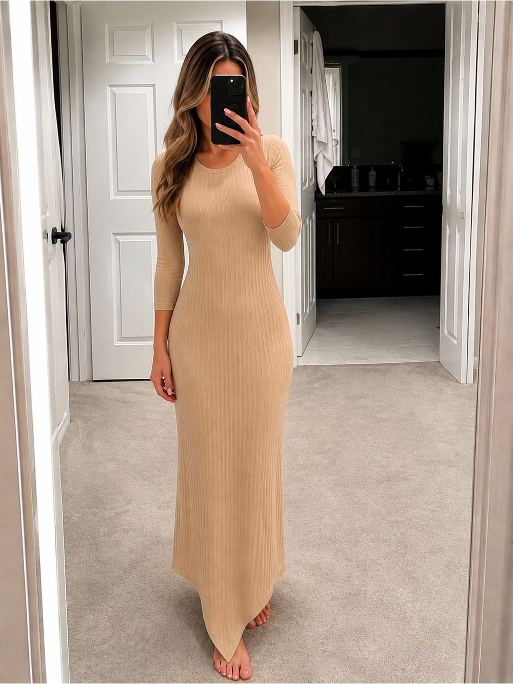 Ribbed Long Sleeve Maxi Dress in Beige